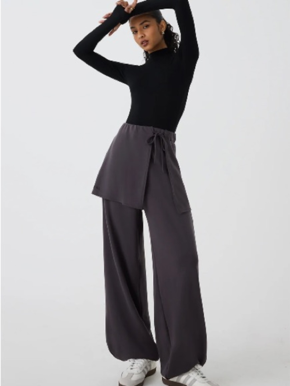 Wrap-Overlay Wide Leg Pants in Charcoal Gray